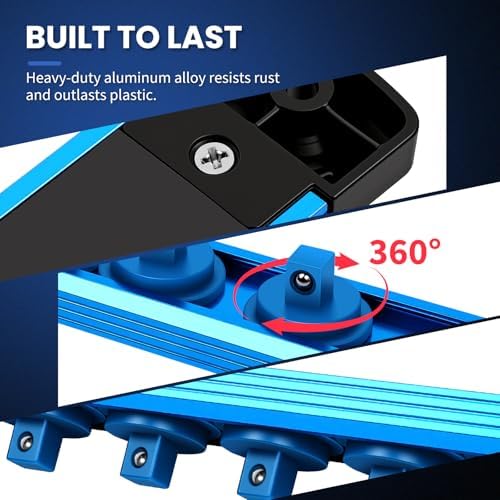 8PC Magnetic Socket Organizer Set, for 1/2″ 3/8″ 1/4″ Drive with 3 Black 3 Red 2 Blue Trays, 360° Swivel Removable Clips, Heavy Duty Aluminum Alloy Rail for Tool Box Drawer - Image 4