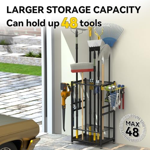 Garden Tool Organizer, Up 48 Long Handle Tool, Garage Storage and Organization with Side Hook for Broom/Rake/Shovel/T-Handle Tool, Heavy Duty Steel Outdoor Tool Rack,Yard Tool Stand for Shed - Image 3