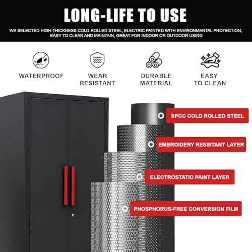 9-Pcs Garage Storage Cabinet System with Steel Cabinet,Red Handle - Image 4