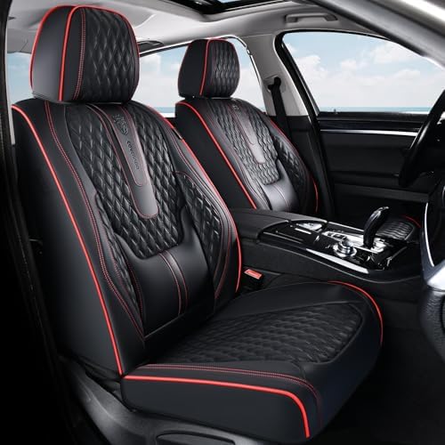 Coverado Car Seat Covers Full Set, Nappa Leather Seat Covers for Car, Waterproof Car Seat Protector with Lumbar Support, Automotive Seat Covers Universal Fit for Most Cars SUV Trucks (Black-Red line) - Image 2