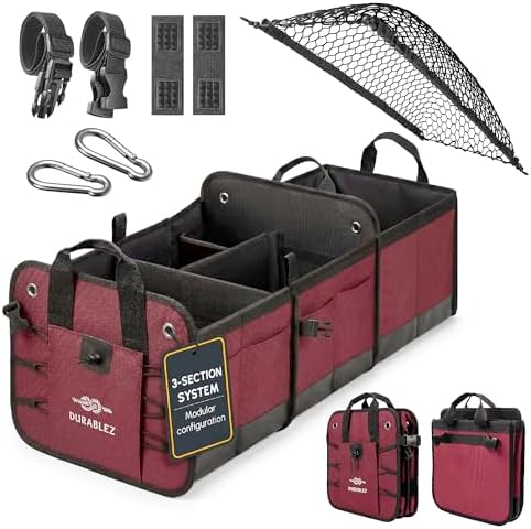 Large Car Trunk Organizer - Trunk Storage - Modular Detachable Configurable Collapsible - for SUV Minivan Truck Sedan Van - 3 Compartment XL, Cherry by DURABLEZ