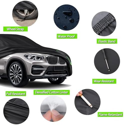 16-Layer 600D Heavy Duty All Weather Car Cover, Waterproof UV Snow Dust Scratch Resistant Universal Full Cover for MPV 199"-210"/ 16.5-17.5 ft Outdoor Indoor Black - Image 3