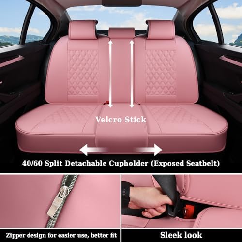 Coverado Full Set Car Seat Covers, Luxury Faux Leather Waterproof Seat Covers, Pink Car Seat Protectors, Universal Fit for Most Cars, Automotive Seat Covers-Pink - Image 3