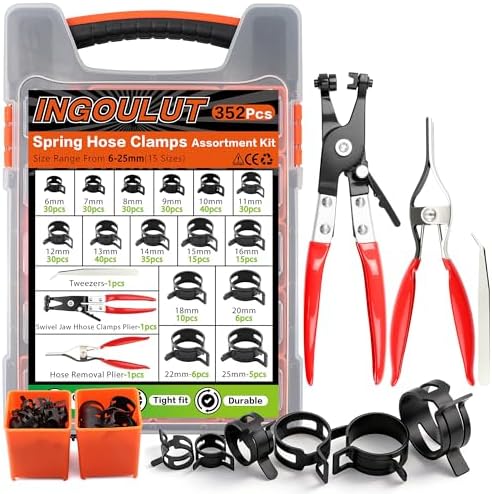 352Pcs Spring Hose Clamps Assortment Kit 15Size 6-25mm with Swivel Flat Hose Clamps Plier, Black 65Mn Spring Steel Hose Clamp, Fuel Line Hose Clamps for Silicone Vacuum Hose,Water Pipe,Automotive by Ingoulut