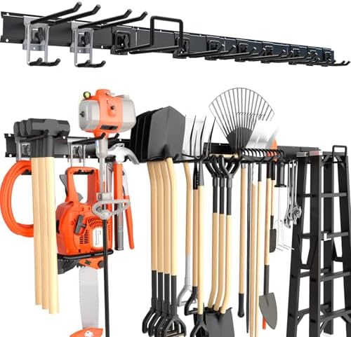 64'' Garage Tool Organizer Wall Mount, 620lbs Heavy Duty Metal Storage Rack | Adjustable Hooks Garden Tool Organization System | Anti-Rust Shed Rack for Hanging Shovel, Rake, Broom, Snowboard by Lvoess