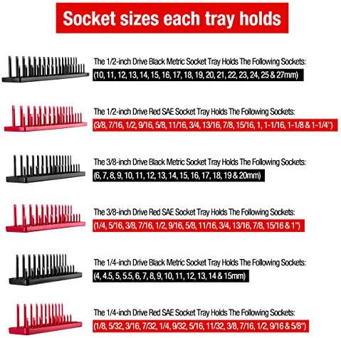 AIUITIO 6PCS Socket Organizer Tray Set, Red SAE & Black Metric Socket Storage Trays, 1/4-Inch, 3/8-Inch & 1/2-Inch Drive Deep and Shallow Socket Holders for Toolboxes - Image 4
