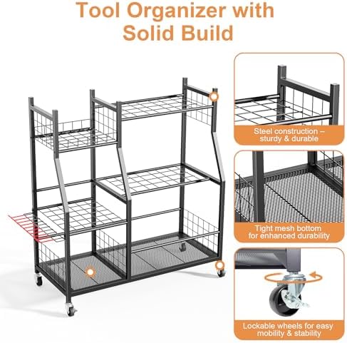 Garden Tool Organizer with Wheels for Garage, Freestanding Garage Tool Organizer, Yard Tool Holder, Garden Tool Cart for Long Handled Tools,Rakes, Brooms, Yard Storage Rack for Shed, Indoor, Outdoor - Image 4