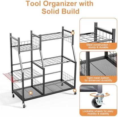 Garden Tool Organizer with Wheels for Garage, Freestanding Garage Tool Organizer, Yard Tool Holder, Garden Tool Cart for Long Handled Tools,Rakes, Brooms, Yard Storage Rack for Shed, Indoor, Outdoor - Image 4