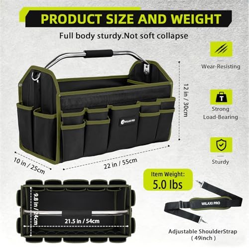 22in Tool Bags For Men Heavy Duty, 33 PCS Pockets Tool Bag Organizer Foldable Open Top Tool Bag With Handle, Wide Mouth Electrician Tool Tote, Green - Image 2