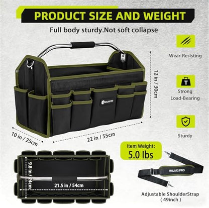 22in Tool Bags For Men Heavy Duty, 33 PCS Pockets Tool Bag Organizer Foldable Open Top Tool Bag With Handle, Wide Mouth Electrician Tool Tote, Green - Image 2