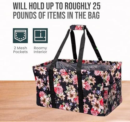 Extra Large Utility Tote Bag, Oversized Collapsible Reusable Wire Frame Rectangular Canvas Basket With Two Exterior Pockets For Beach, Pool, Laundry, Car Trunk, Storage - Rose - Image 6
