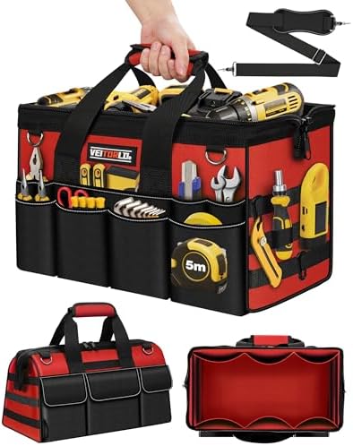 16-Inch Heavy Duty Tool Bag, 19-Pockets Tool Box Organizer, Portable Toolbag W/Soft Handle for Organized Storage, Mechanic Gifts for Men Dad Husband Fathers Day, Wide Mouth Electrician Toolbox, Red by VEITORLD