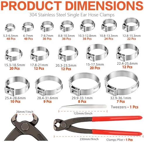 360Pcs 304SS Stepless Single Ear Hose Clamps Kit with Pliers for Fuel Line - Image 2