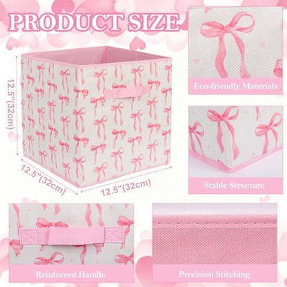 6 Pcs Pink Bow Cube Storage Bins 12.5 Inch Pink Storage Basket with Handle, Preppy Girls Organizer Basket, Collapsible Fabric Box for Classroom Bedrooms Office Home Decoration (Bow) - Image 2