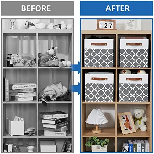 Temary 11x11x11 Cube Storage Bins Cube Organizer Bins 4 Pack Canvas Storage Bin for Home, Cube Storage Basket with Leather Handles(Grey Lattice) - Image 5