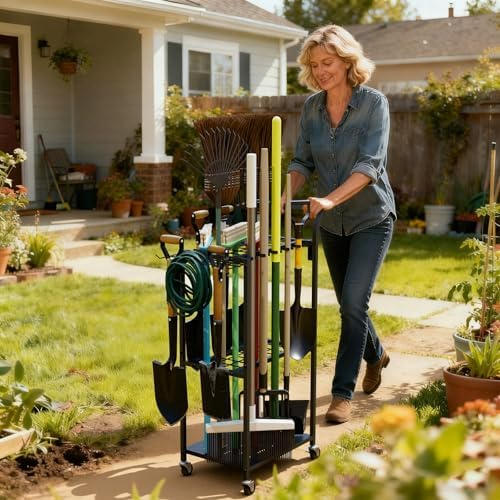 Faesun Garden Tool Organizer with Wheels, Rolling Yard Tool Rack with 14 Hooks & 5 Slots, 3-Tier Metal Cart Holds 50+ Rakes/Shovels/Brooms, Mobile Lawn Storage for Garage Shed Outdoor by Faesun