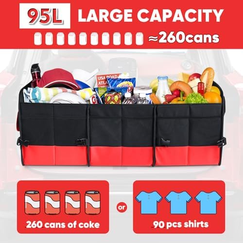 Simniam Large Trunk Organizer for Car, Foldable Multi Compartment Car Trunk Organizer with 2 Retractable Straps, Suitable for All Kinds of Cars, SUV, Minivan - 4 Compartments Red - Image 4