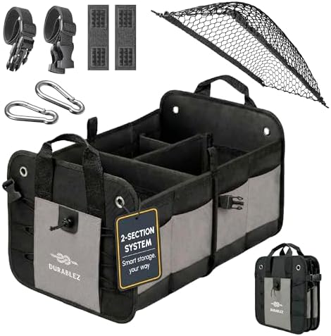 Car Trunk Organizer - Collapsible, Foldable - with Covering Net, Removable Dividers, Attachable Non-Slip Pads, Mounting Straps, and Stainless Hooks - for SUV, Truck, Sedan, Minivan, and Van - Gray by DURABLEZ