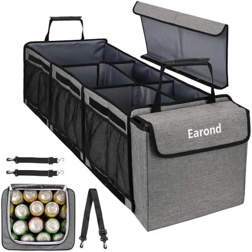 Collapsible Trunk Organizer with Insulated Leakproof Cooler Bag,Removable Lid,Adjustable Securing Straps,3 Compartments Trunk Organizer for SUV,Truck,Sedan(Light Grey) by EarondLabProducts