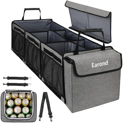 Collapsible Trunk Organizer with Insulated Leakproof Cooler Bag,Removable Lid,Adjustable Securing Straps,3 Compartments Trunk Organizer for SUV,Truck,Sedan(Light Grey) by EarondLabProducts