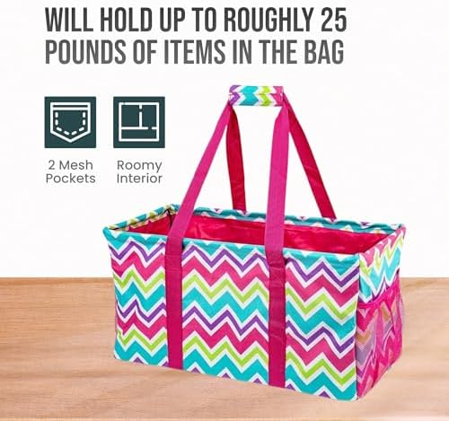 Extra Large Utility Tote Bag - Oversized Collapsible Reusable Wire Frame Rectangular Canvas Basket With Two Exterior Pockets For Beach, Pool, Laundry, Car Trunk, Storage - Chevron Multi - Image 5