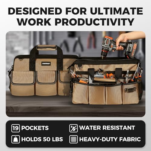 COMOWARE 19-Pocket Tool Bag, Gift for Dad, 16“ Heavy Duty Tool Organizer with Adjustable 51.2" Shoulder Strap, 1680D Oxford Fabric & PVC Coating, Reflective Strips, Tactical Loops, Mechanics - Image 4