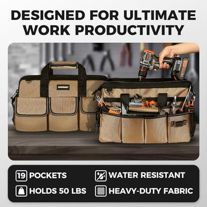 COMOWARE 19-Pocket Tool Bag, Gift for Dad, 16“ Heavy Duty Tool Organizer with Adjustable 51.2" Shoulder Strap, 1680D Oxford Fabric & PVC Coating, Reflective Strips, Tactical Loops, Mechanics - Image 4