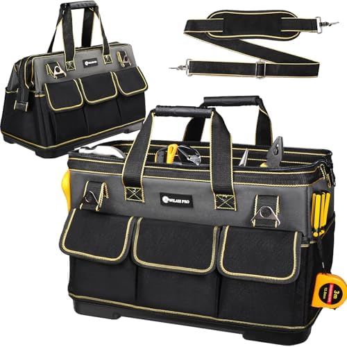 17 in Tool Bag For Men with Waterproof Molded Base, High Capacity Wide Mouth Tote, Construction Worker Electricians Tool Bags, Large Tool Bag Organizer for Men Women (GREY) by WILAXI+PRO