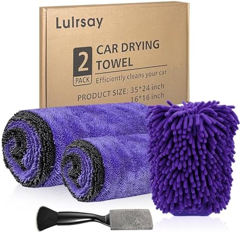 2 Pack Car Drying Towels – 1200GSM Ultra Absorbent Microfiber, 35"x24" & 16"x16", Lint-Free & Streak with Car Wash Mitt & Dual-Head Duster Brush for Auto Detailing, Car, SUV, Truck (grayish purple) by Lulrsay