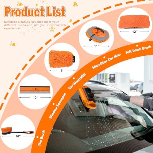 LAANPOLE 16FT Car Wash Brush with Long Handle, Car Cleaning Kit with Soft Bristle Wash Brush, Microfiber Cleaning Mop, Window Squeegee, Mitt, Wheel Brush for RV, Truck, Boat, House Siding - Image 2
