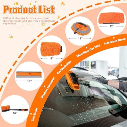 LAANPOLE 16FT Car Wash Brush with Long Handle, Car Cleaning Kit with Soft Bristle Wash Brush, Microfiber Cleaning Mop, Window Squeegee, Mitt, Wheel Brush for RV, Truck, Boat, House Siding - Image 2
