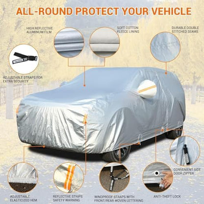 Tecoom SUV Car Cover Waterproof All Weather, 3-Layer Fleece Lined Outdoor Indoor Cover with Zipper Door & Lock, UV Snow Hail Sun Protection, Fit for SUV (206"–215") - Image 3