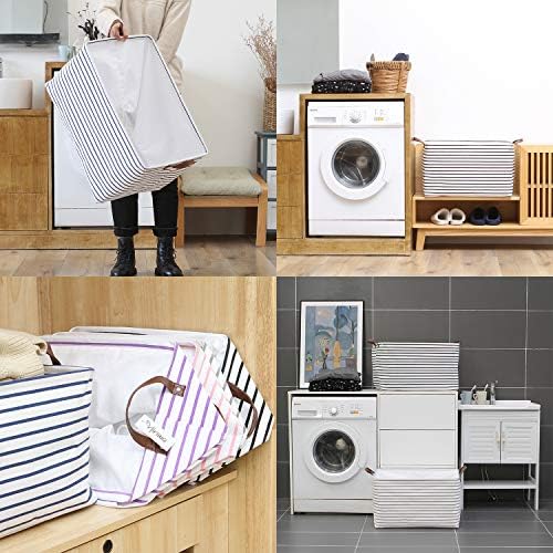 Hinwo 4-Pack Extra Large Canvas Fabric Storage Baskets with Handles, 70L Oversized Storage Bins, Collapsible Storage Box, Clothes, Toys, Blankets Organizers, 22 x 15 x 13 inches, (Black Stripe) - Image 3