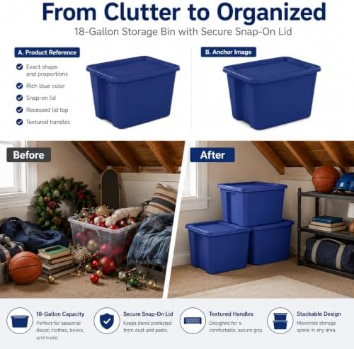 18 Gal Storage Bin with Snap-On Lid, Stackable Plastic Tote, Blue - Image 5