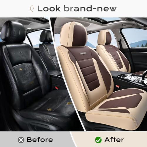 Coverado Car Seat Covers Front, Seat Covers for Cars, Waterproof 2-Pack Car Seat Cushions, Leather Carseat Seat Protectors, Universal Seat Covers Fit for Most Sedans SUV Pick-up Trucks(Beige&Coffee) - Image 6