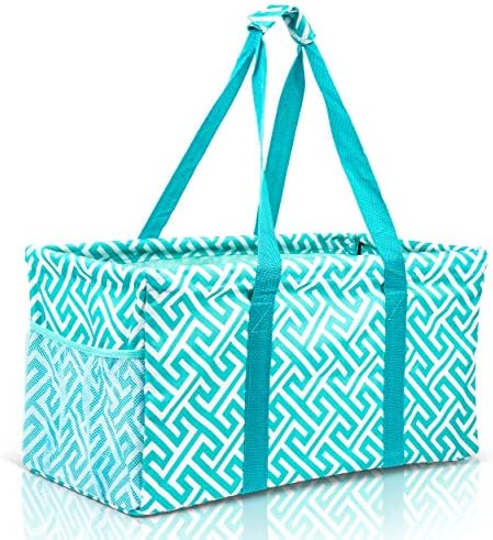 Extra Large Utility Tote Bag - Oversized Collapsible Reusable Wire Frame Rectangular Canvas Basket With Two Exterior Pockets For Beach, Pool, Laundry, Car Trunk, Storage - Geometric Teal by Lucazzi