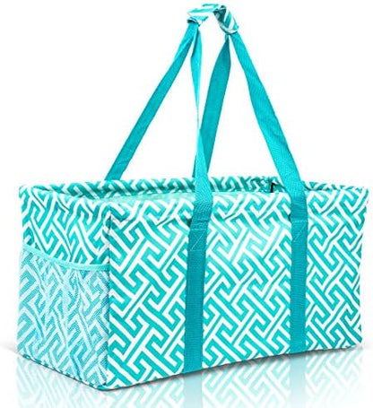 Extra Large Utility Tote Bag - Oversized Collapsible Reusable Wire Frame Rectangular Canvas Basket With Two Exterior Pockets For Beach, Pool, Laundry, Car Trunk, Storage - Geometric Teal by Lucazzi