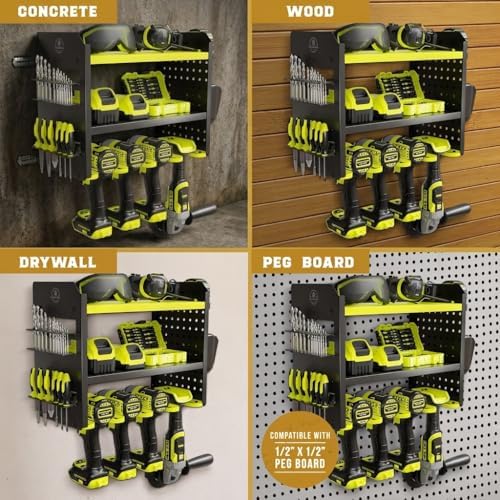 BUILTSTRONG Power Tool Organizer Wall Mount – 3-Tier Heavy-Duty Steel Rack, 4 Drill Slots, Pegboard + Utility Side, 100 lb Capacity – Garage, Workshop & Shed Storage (Green) - Image 5