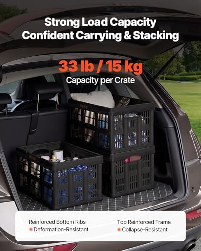 VEVOR Plastic Collapsible Storage Bins, 45L 3 Packs, Stackable Folding Storage Crates with Handles, Holds 33 lbs Per Bin, Foldable Heavy Duty Containers, Space-Saving Baskets, for Home Organizing - Image 3