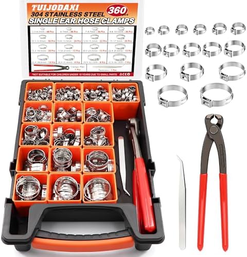 360Pcs 304SS Stepless Single Ear Hose Clamps Kit with Pliers for Fuel Line by Tuijodaix