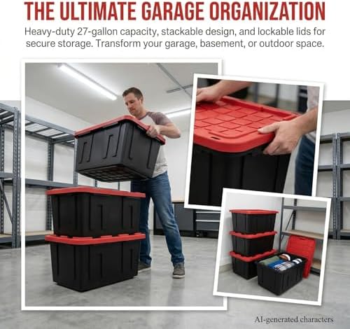 4Pcs 27-gallon Plastic Storage Box, Sturdy and Durable with A Lockable Lid, Suitable for Outdoor, Garage, Basement and Indoor Item Organization, Stackable Storage Box, Black Base and Red Lid - Image 3