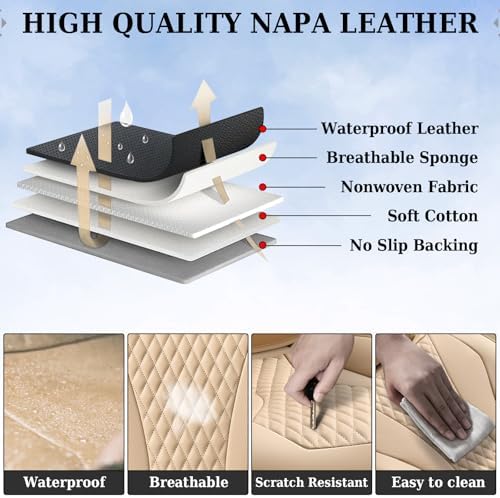 Coverado Waterproof Nappa Leather Car Seat Covers, Automotive Seat Covers，Front Car Seat Cushion & Car Seat Protector, Beige Seat Covers Universal Fit for Most Cars, SUVs, Trucks - Image 6
