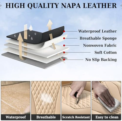 Coverado Waterproof Nappa Leather Car Seat Covers, Automotive Seat Covers，Front Car Seat Cushion & Car Seat Protector, Beige Seat Covers Universal Fit for Most Cars, SUVs, Trucks - Image 6