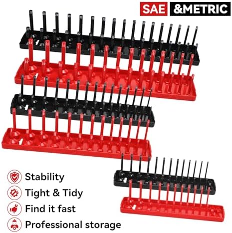 AIUITIO 6PCS Socket Organizer Tray Set, Red SAE & Black Metric Socket Storage Trays, 1/4-Inch, 3/8-Inch & 1/2-Inch Drive Deep and Shallow Socket Holders for Toolboxes - Image 2