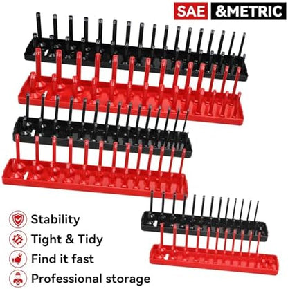 AIUITIO 6PCS Socket Organizer Tray Set, Red SAE & Black Metric Socket Storage Trays, 1/4-Inch, 3/8-Inch & 1/2-Inch Drive Deep and Shallow Socket Holders for Toolboxes - Image 2