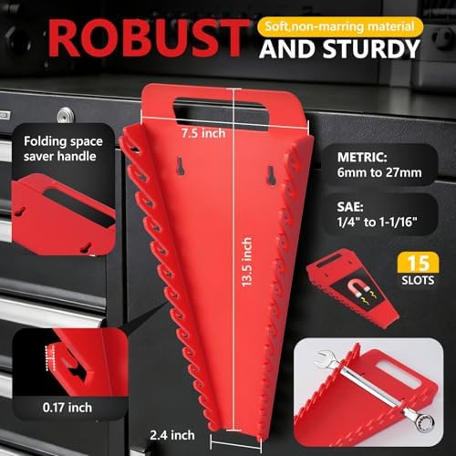 Magnetic Socket Organizer & Wrench Organizer Set, Socket Holder Set1/4", 3/8", 1/2" Drive Metric SAE Socket Storage，15 Slots Metric SAE Wrench Holder (Socket,Wrench not Included) (‎‎Black/Red) - Image 4
