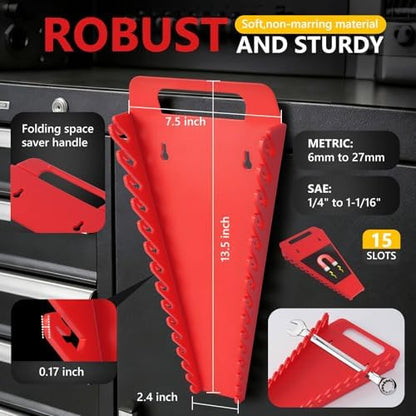 Magnetic Socket Organizer & Wrench Organizer Set, Socket Holder Set1/4", 3/8", 1/2" Drive Metric SAE Socket Storage，15 Slots Metric SAE Wrench Holder (Socket,Wrench not Included) (‎‎Black/Red) - Image 4