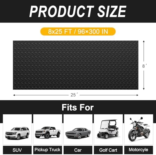 Grandroad auto 8x25 FT Garage Floor Mat, 2.8mm Thickened Flooring Roll for Under Car Diamond Plate PVC Rubber Mat with 20 Pcs Tapes, Non-Slip Floor Mat for Garage, Warehouse, Gyms, Trailer, Black - Image 2