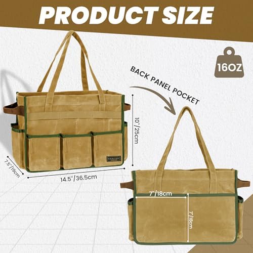 Canvas Tool Bag, 16OZ Waxed Canvas Tool Tote Bag with Metal Zipper & 12-Pocket Design, Multi-Purpose Garden Tool Storage Tote for Electrician Gardener Plumber | Khaki | 14.5"L x 7.5"W x 10"H - Image 2