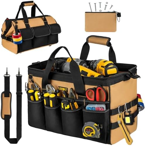 27 Pockets Tool Bags for Men,16-Inch Heavy Duty Tool Bag,Large Toolbag Tool Box Organizer,Portable Toolbox Tools Tote Carrying Case for Mechanic,Electrician,Father Day Gifts for Him Dad Men,Brown by LEFOR%C2%B7Z